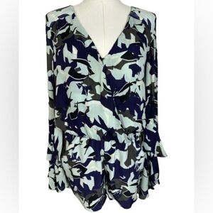 Parker Silk Navy, Light Blue & Gray Abstract V-Neck Jumpsuit Size S